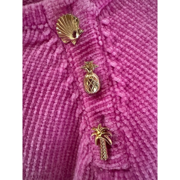 Lilly Pulitzer Pink Chenille Sweater Gold Shell Pineapple Palm Buttons Medium - Picture 5 of 10